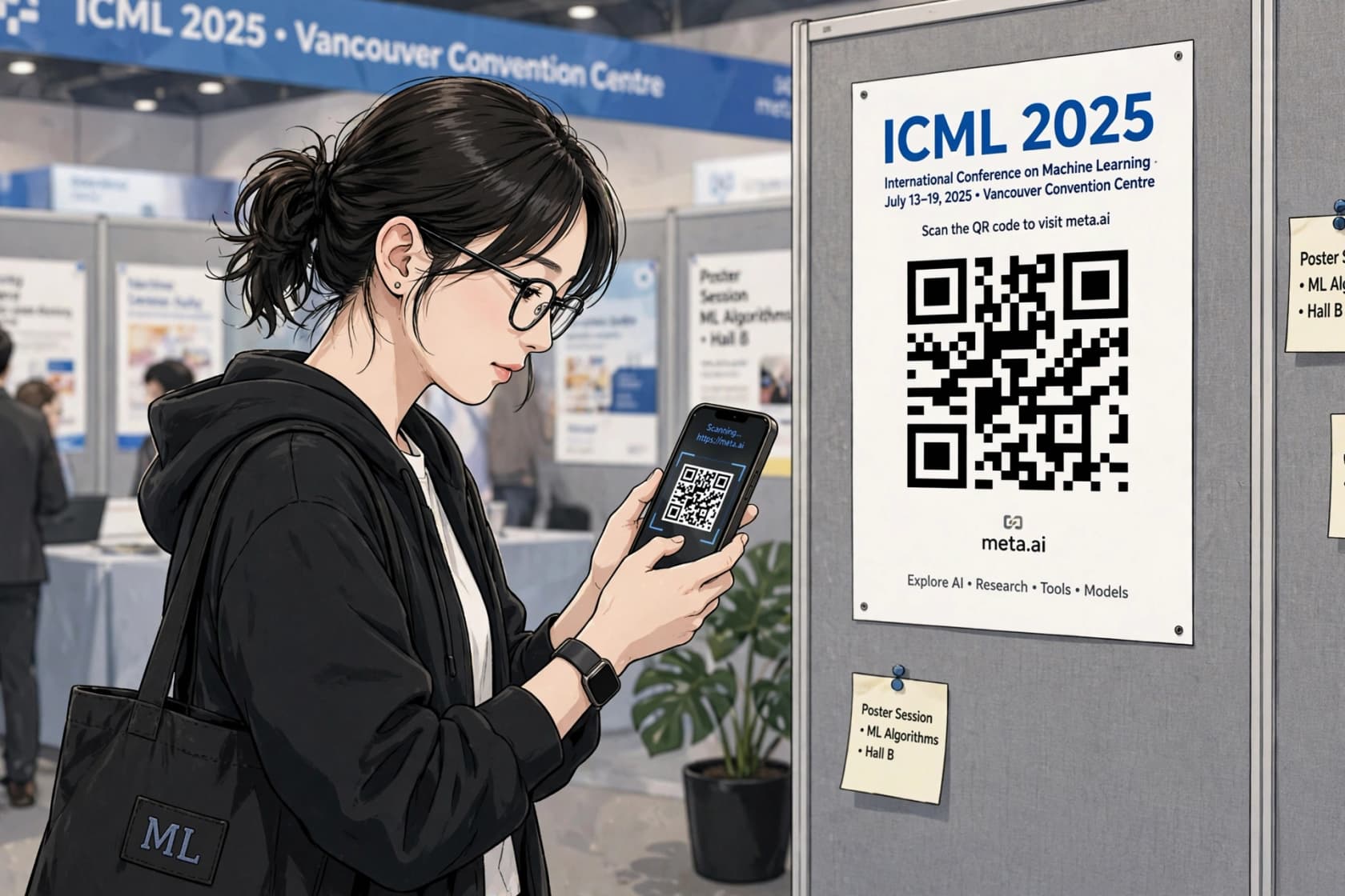 Muse Image demo of a scannable QR code composed into an illustrated conference-poster scene, as taken from Meta