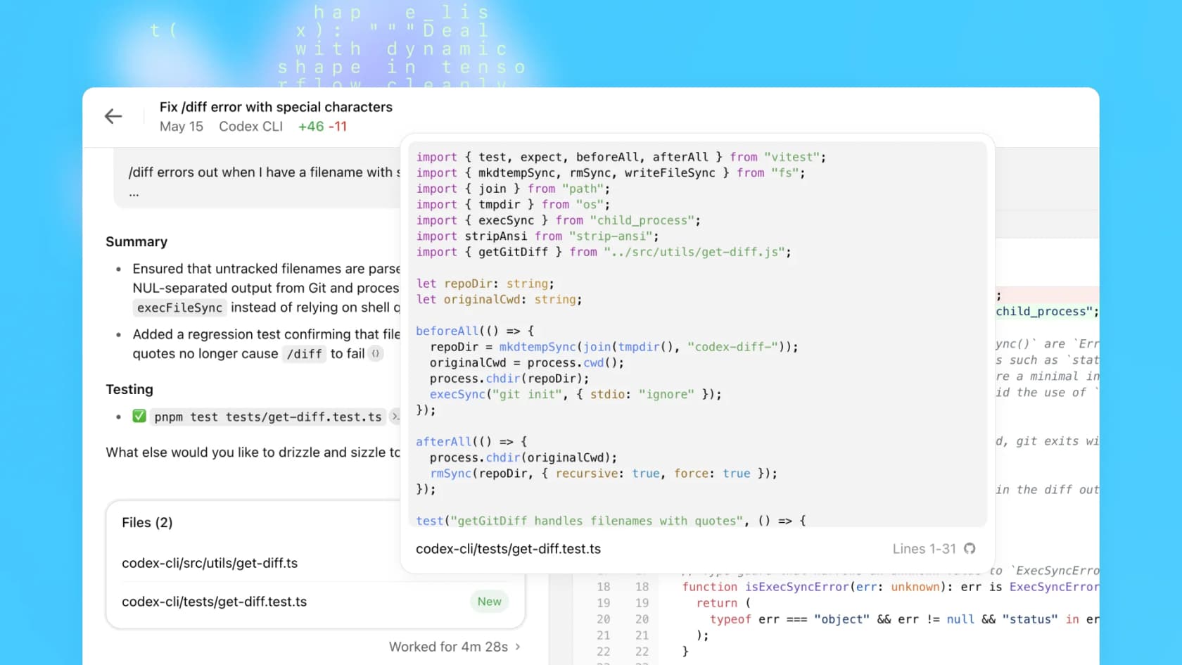 Codex code review showing citations, test verification, and PR analysis results