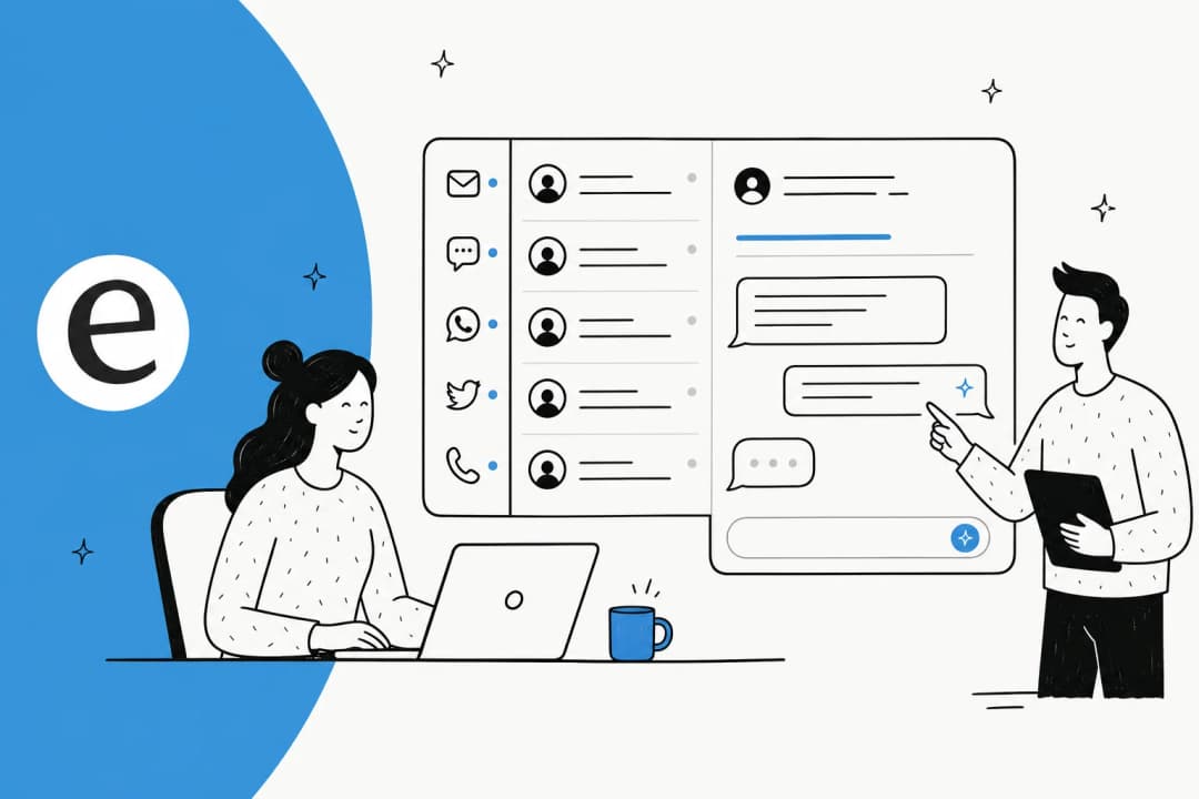 Illustration of a unified support inbox pulling email, live chat, WhatsApp, social, and phone into one AI-assisted view