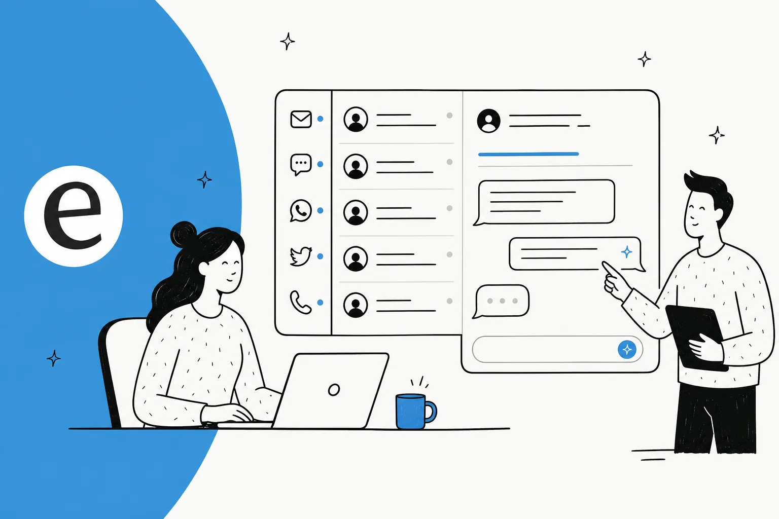 Illustration of a unified support inbox pulling email, live chat, WhatsApp, social, and phone into one AI-assisted view