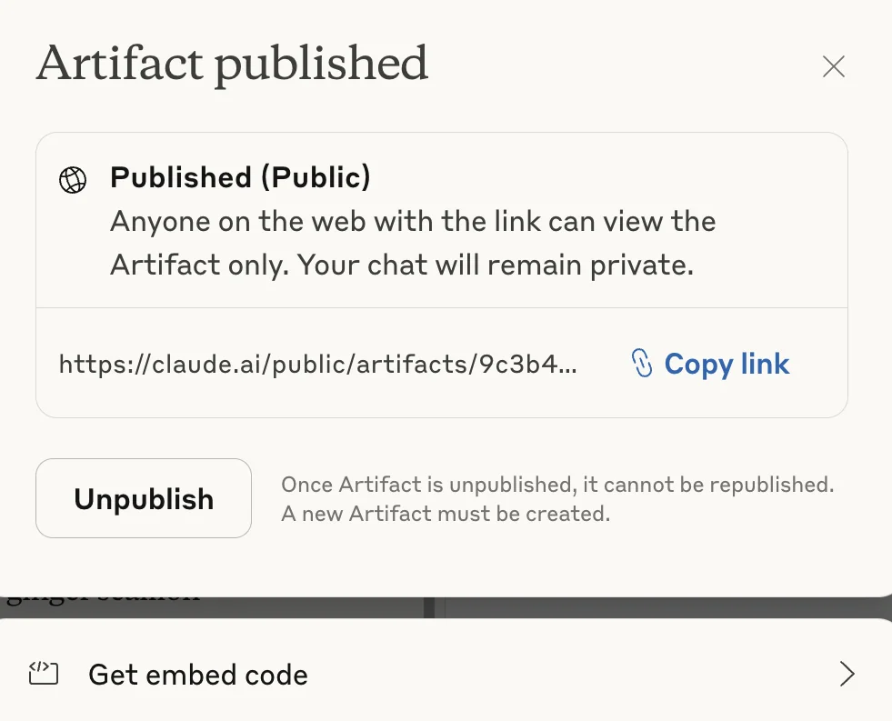 The Artifact published dialog in the Claude app, showing a public claude.ai link, a Copy link button, an Unpublish option, and a note that once unpublished an artifact cannot be republished