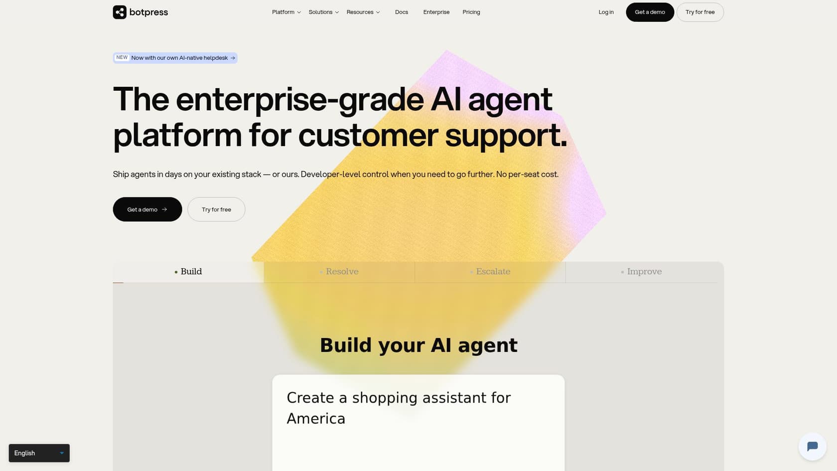 Botpress homepage showing its AI agent platform for customer support, as captured from botpress.com
