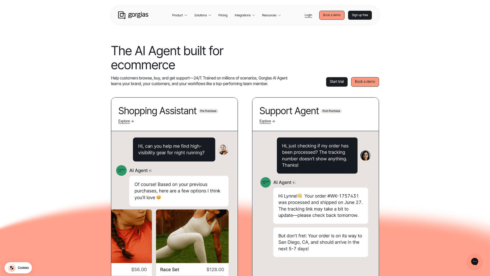 Gorgias AI Agent page showing a pre-purchase shopping assistant and a post-purchase support agent answering an order-status question, from Gorgias