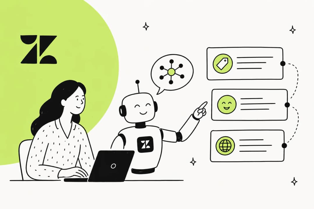 Illustration of support tickets flowing through an AI that classifies each one with topic, sentiment, and language tags
