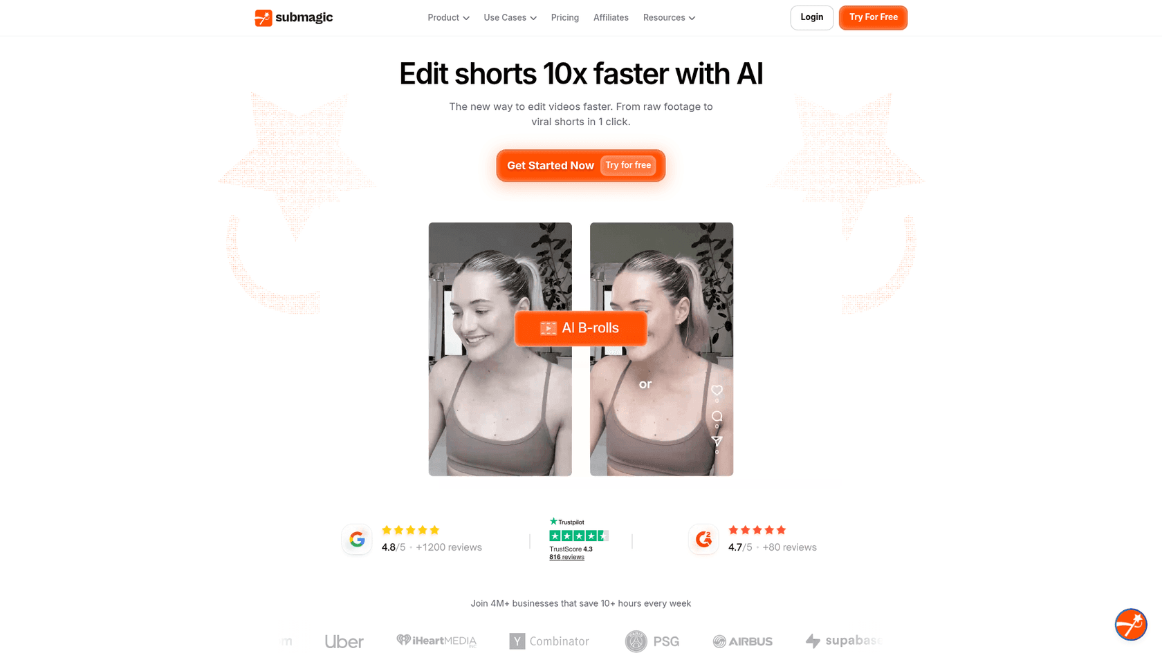 Submagic homepage showing its AI video editing product, as taken from Submagic