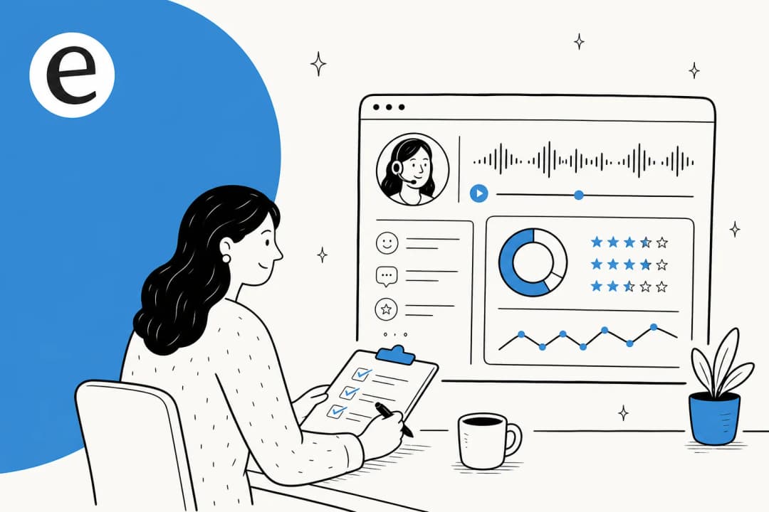Illustration of a customer support quality assurance dashboard with scorecards and conversation review panels