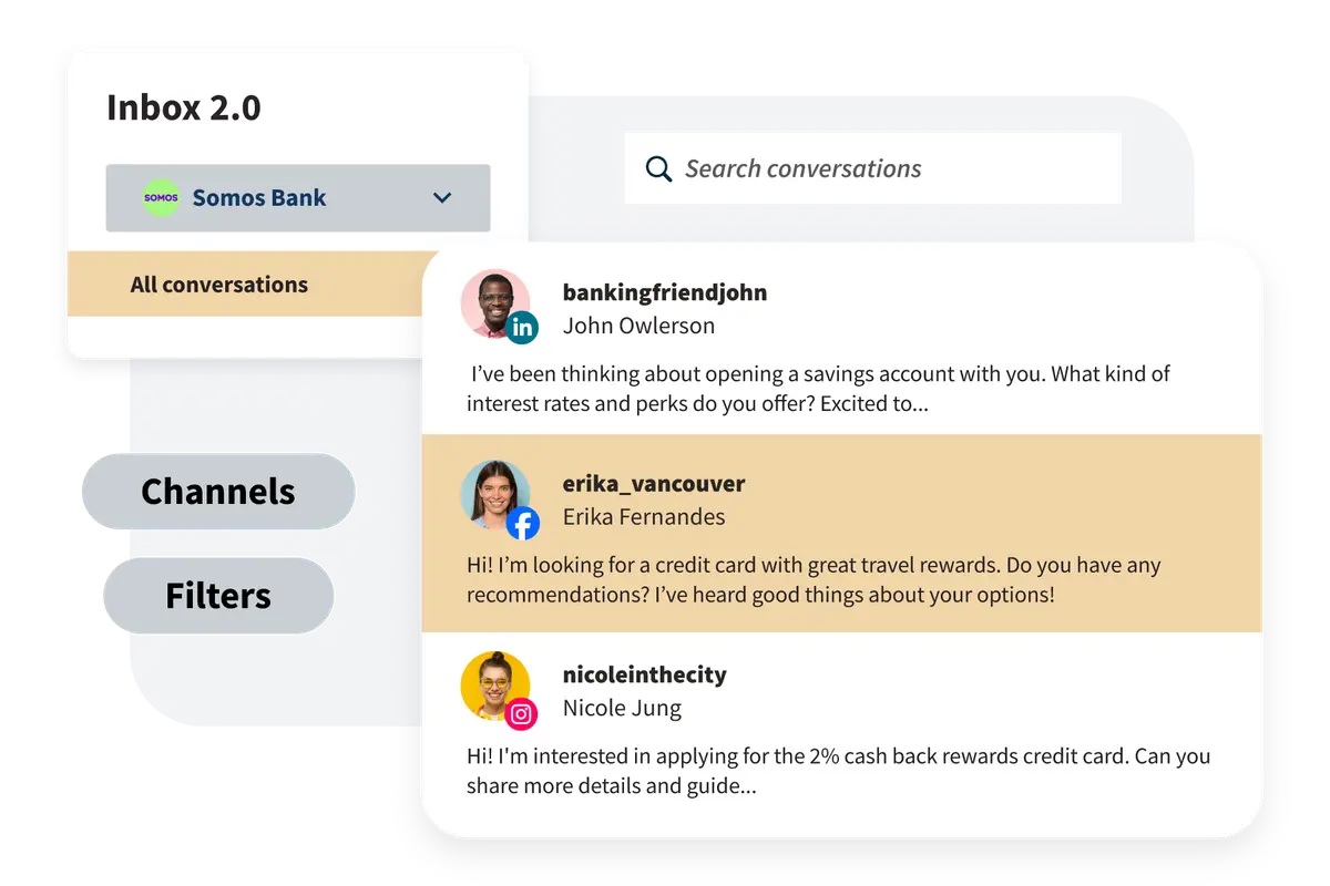 Hootsuite Inbox showing LinkedIn, Facebook and Instagram conversations in a single conversation list, as taken from Hootsuite