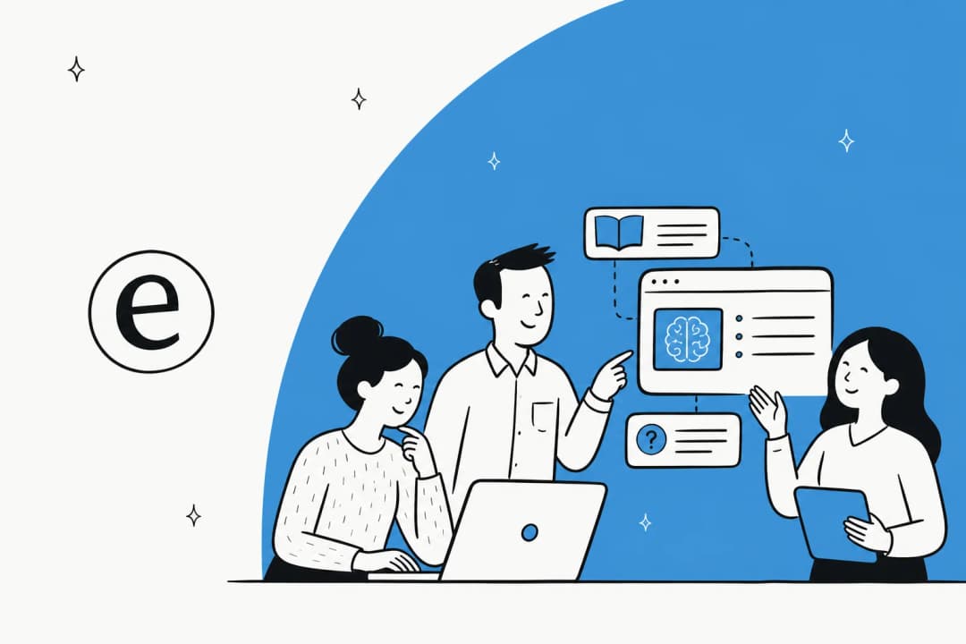 Illustration of a team asking an AI knowledge base questions and getting cited answers, in eesel blue
