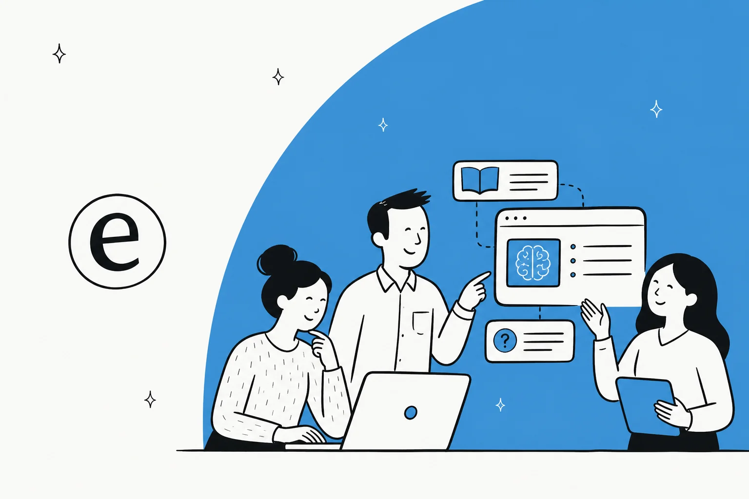 Illustration of a team asking an AI knowledge base questions and getting cited answers, in eesel blue