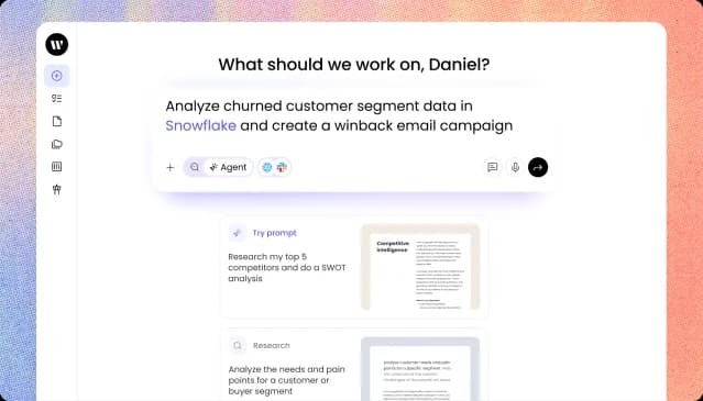 The Writer Agent home screen with a pre-filled prompt and suggested-action cards