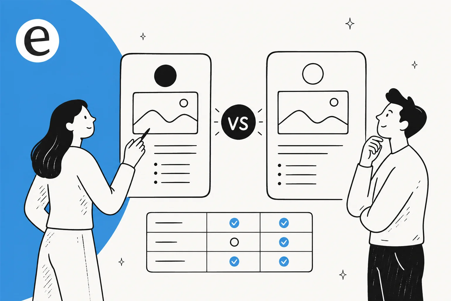 Illustrated banner showing two product cards side by side with a vs symbol and a comparison table