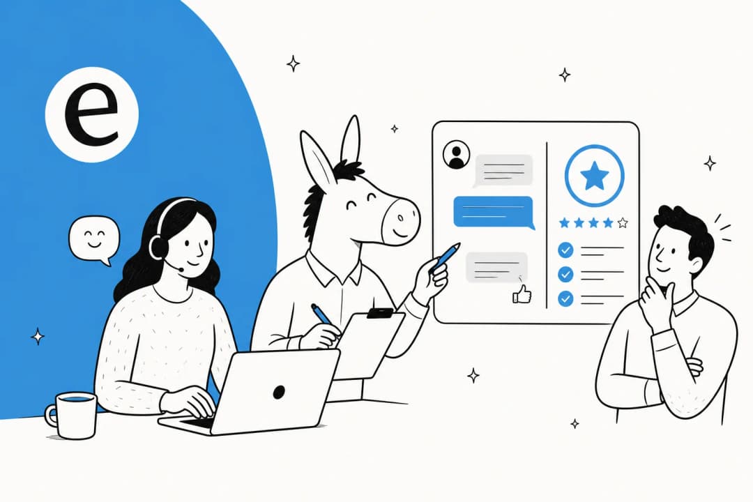 Editorial illustration of an AI scoring support conversations against a quality rubric