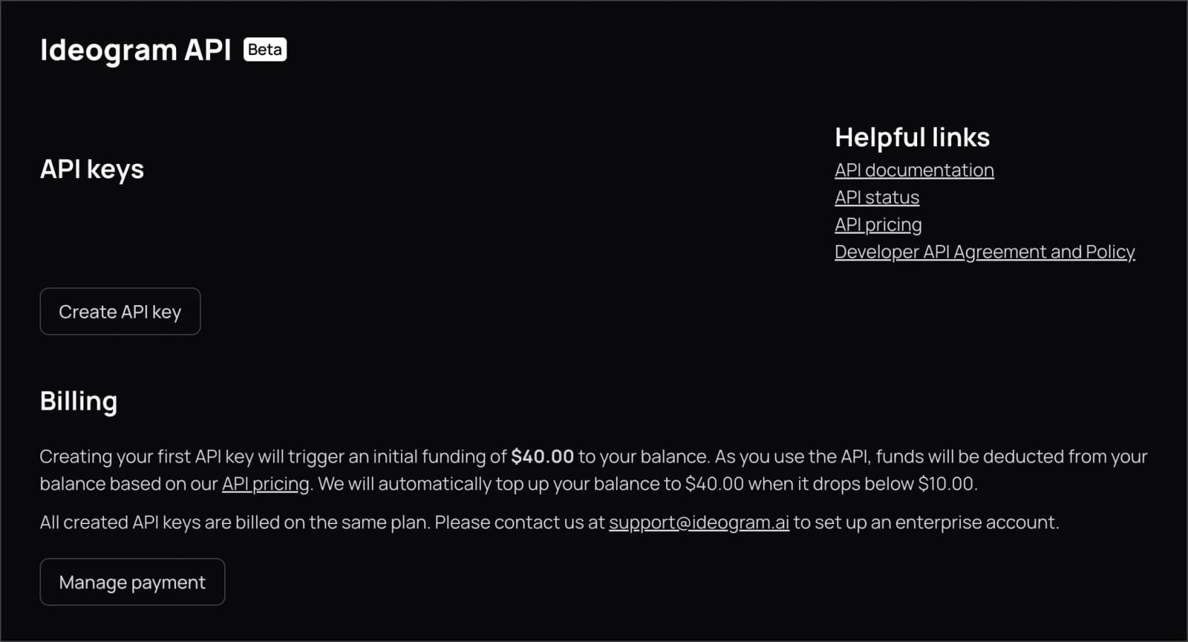 Ideogram API dashboard showing key management and billing setup