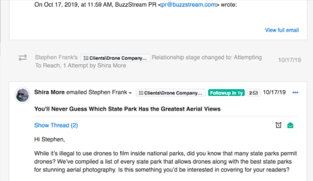 BuzzStream contact history panel showing tracked outreach relationship data, as taken from BuzzStream