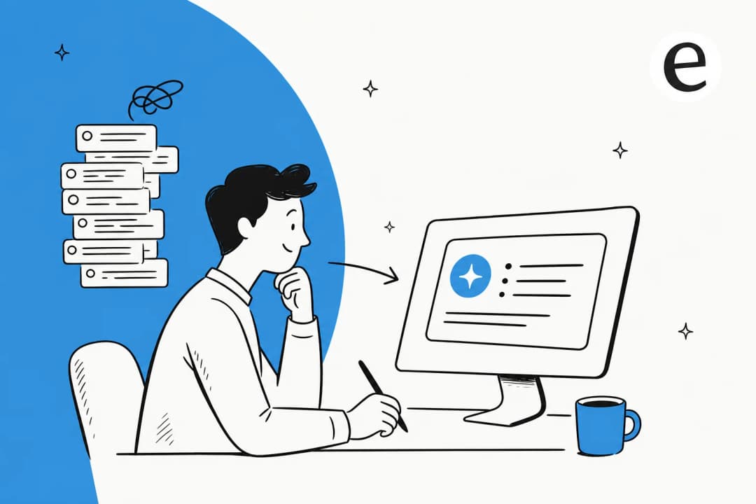 Editorial illustration of an AI condensing a long support ticket thread into a tidy summary card