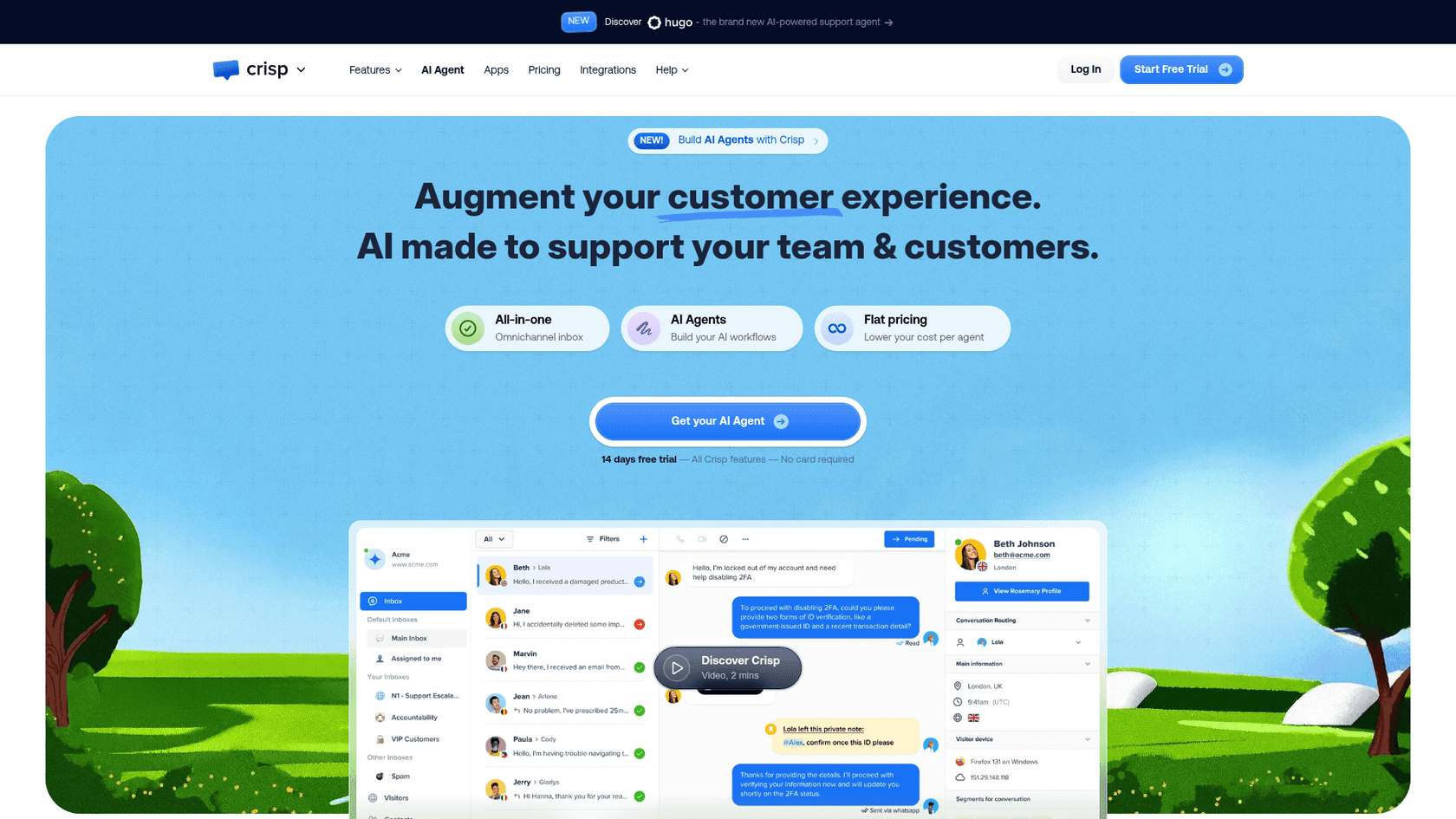 The Crisp homepage, showing its all-in-one business messaging platform