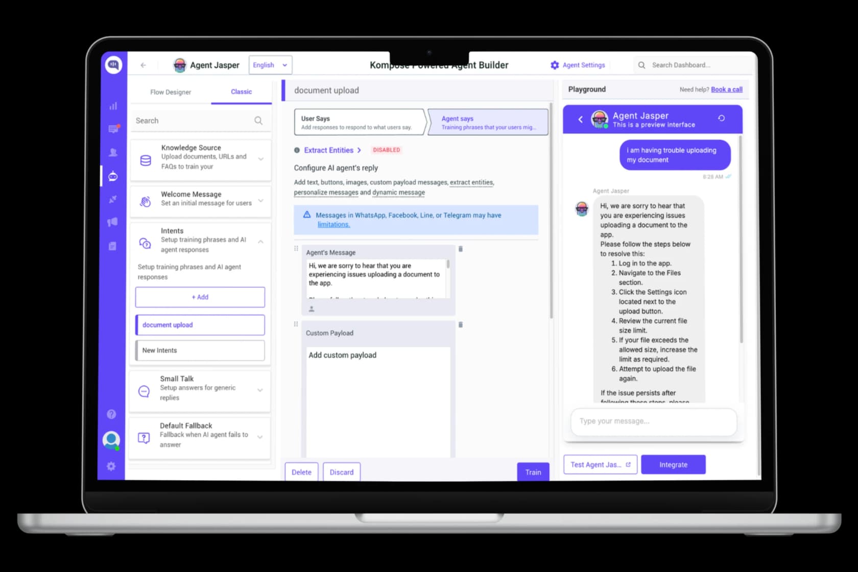 Kommunicate's no-code agent builder, showing the Knowledge Source, Intents, and a live Playground preview, as taken from Kommunicate