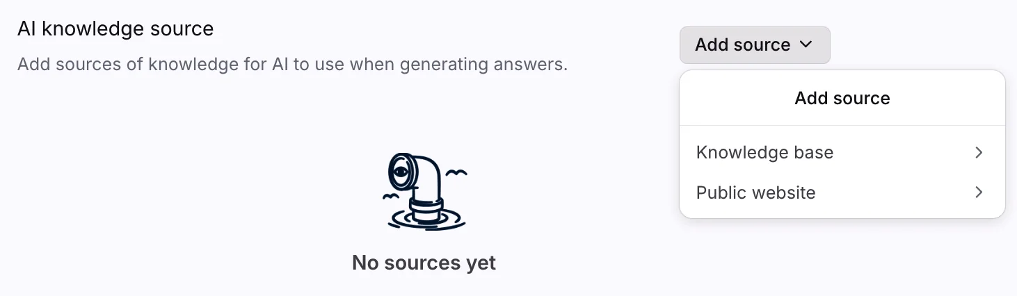Front's "AI knowledge source" setting with the option to add a knowledge base or public website
