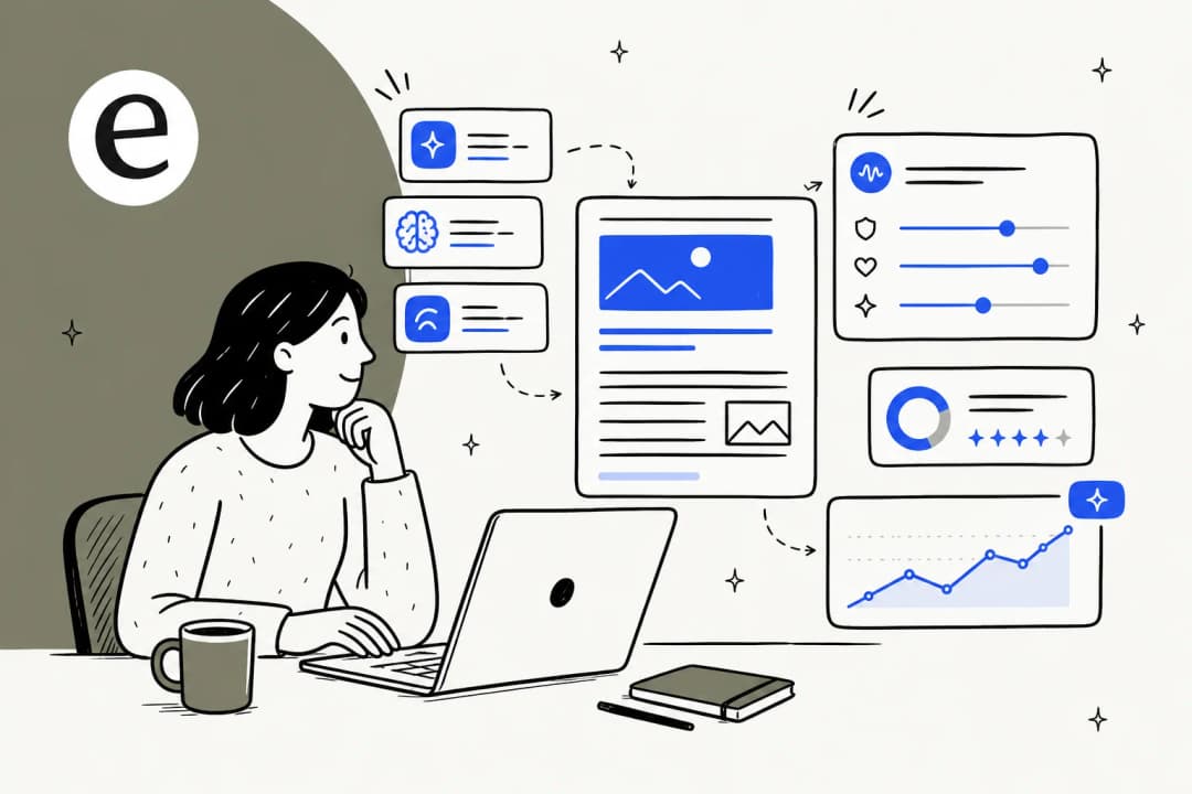 A content marketer's desk with floating UI cards for blog drafts, brand voice, SEO scores, and headline performance graphs - illustrated in eesel blue.