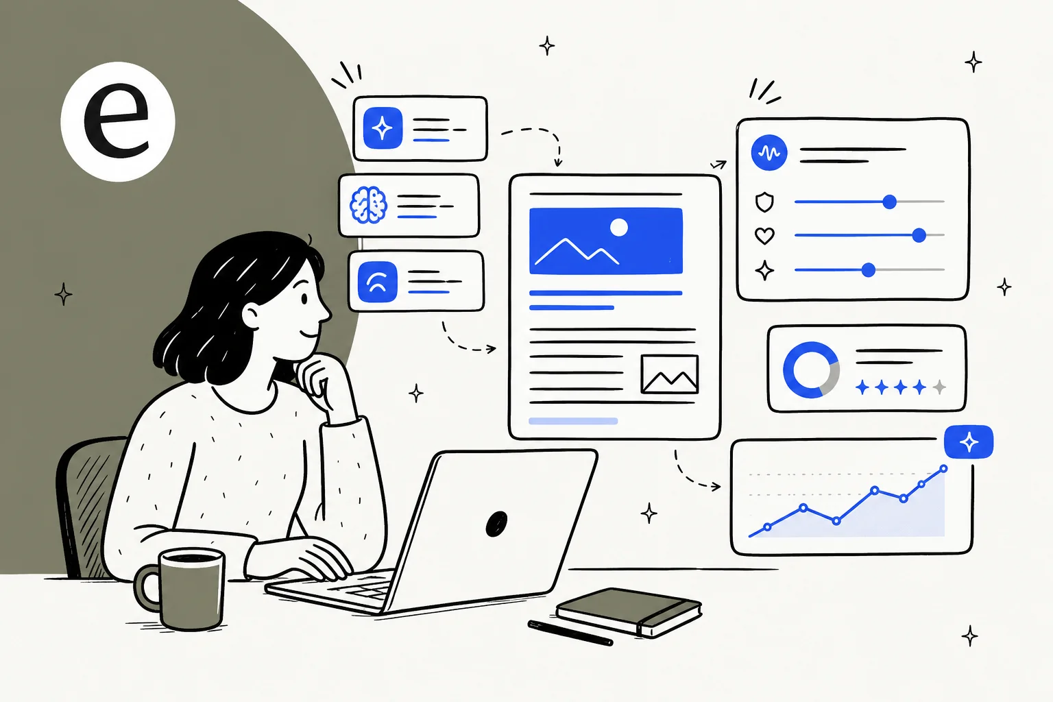 A content marketer's desk with floating UI cards for blog drafts, brand voice, SEO scores, and headline performance graphs - illustrated in eesel blue.