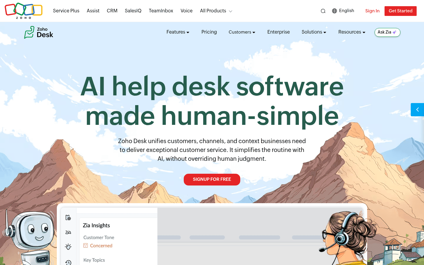 Zoho Desk homepage showing their AI-powered help desk platform, as taken from Zoho Desk