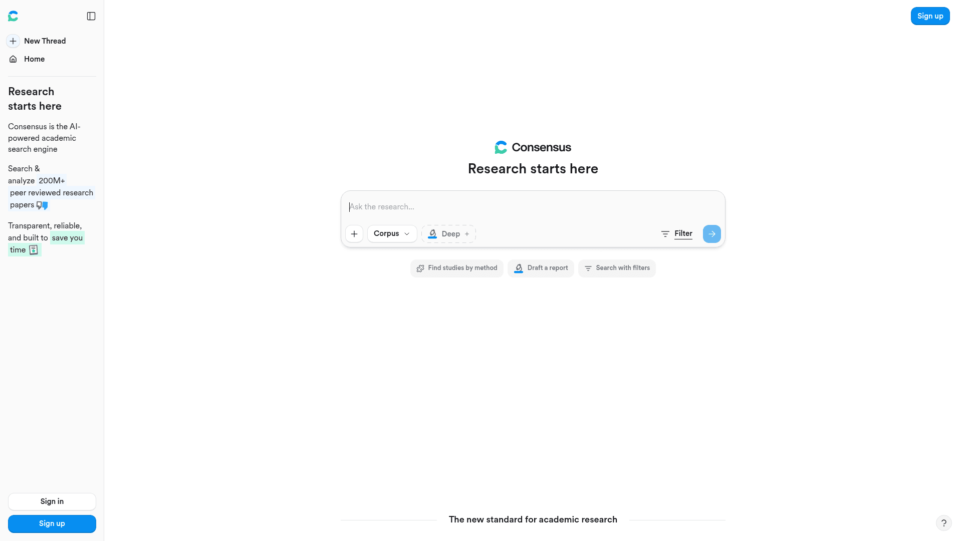 Consensus homepage showing its AI-powered academic search engine for peer-reviewed literature, as taken from Consensus