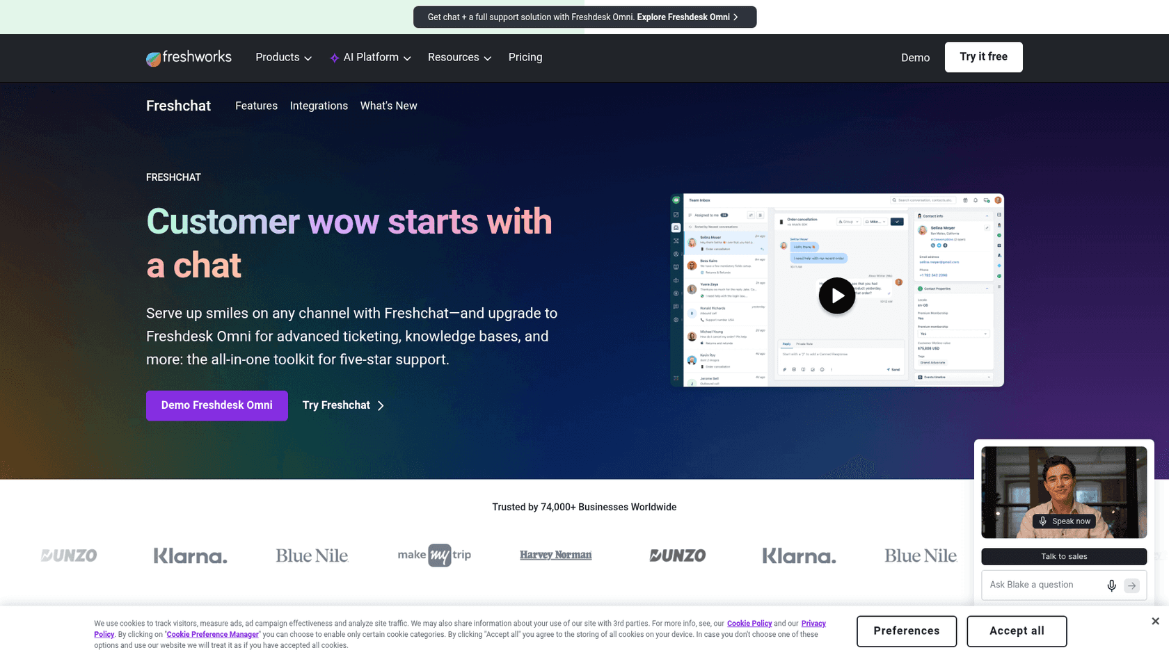 A screenshot of the Freshchat homepage, as taken from Freshworks.