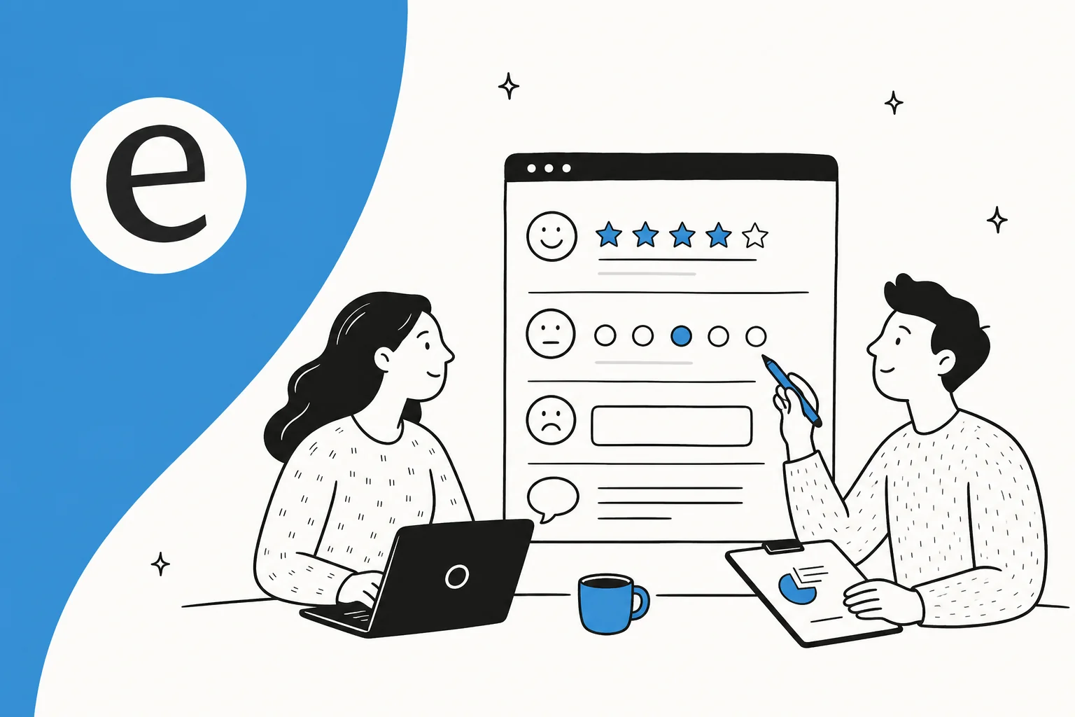 Illustration of a customer feedback survey with rating stars being reviewed by a support and CX team
