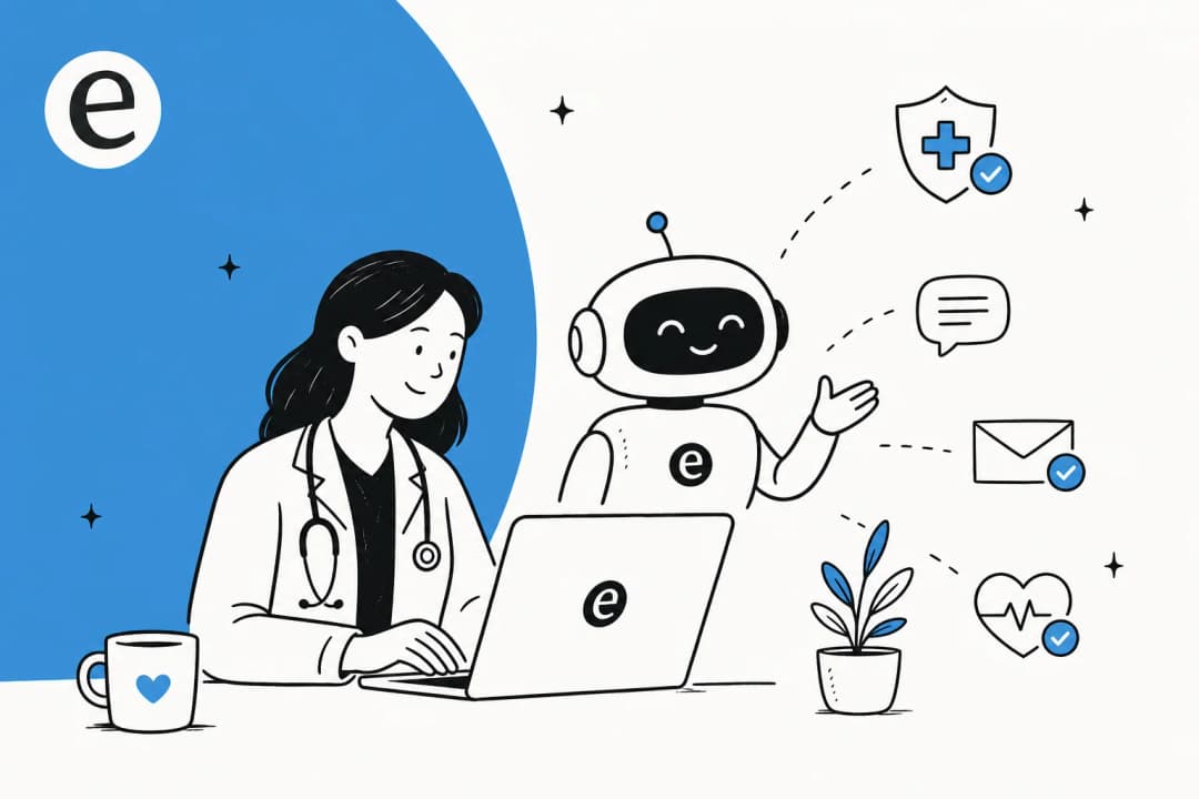 Illustration of AI-assisted healthcare support interface with patient queries and compliance elements