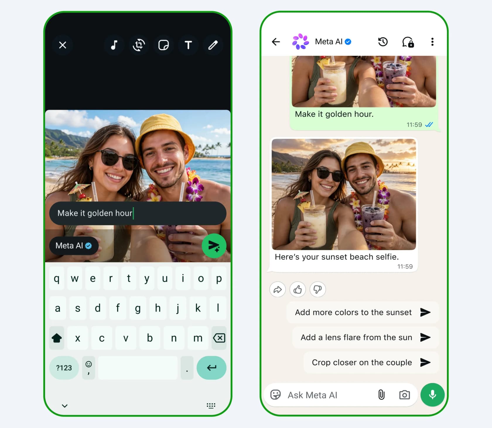 Meta AI in WhatsApp editing a beach selfie from "make it golden hour" into a sunset shot, with follow-up suggestion chips, as taken from Meta