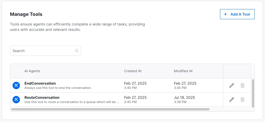 Kustomer's Manage Tools page showing the default EndConversation and RouteConversation tools, as taken from the Kustomer help center
