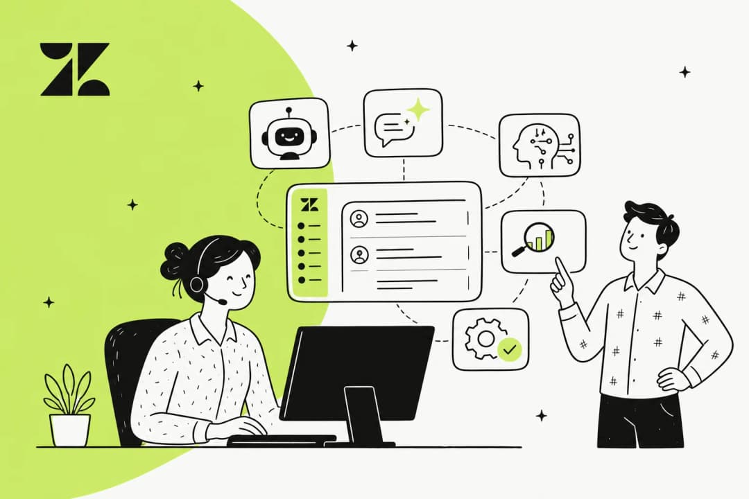 Hero illustration of AI agent tools layered on top of a Zendesk customer support helpdesk