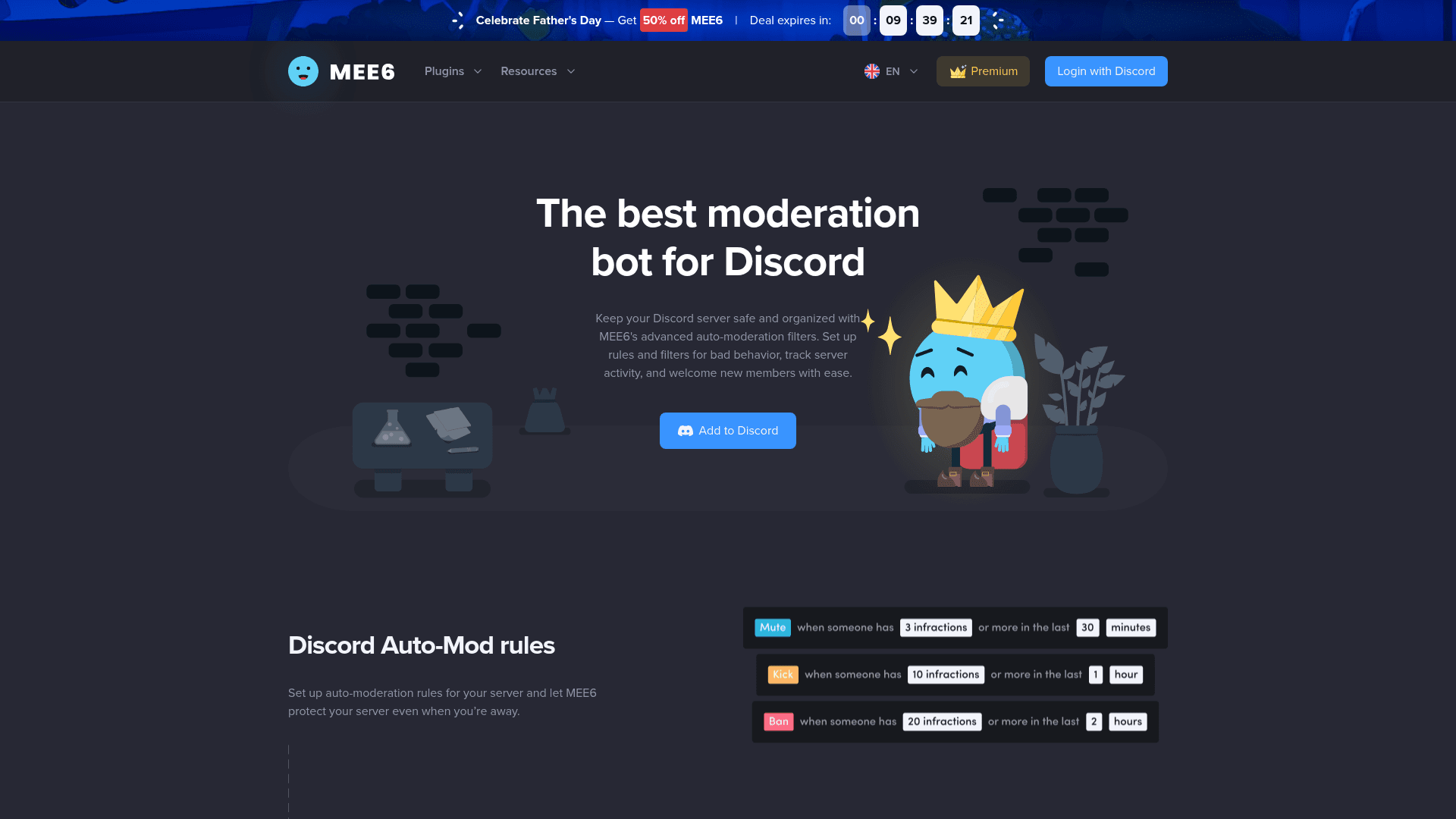 The MEE6 moderation and server-management plugin page, as shown on MEE6.