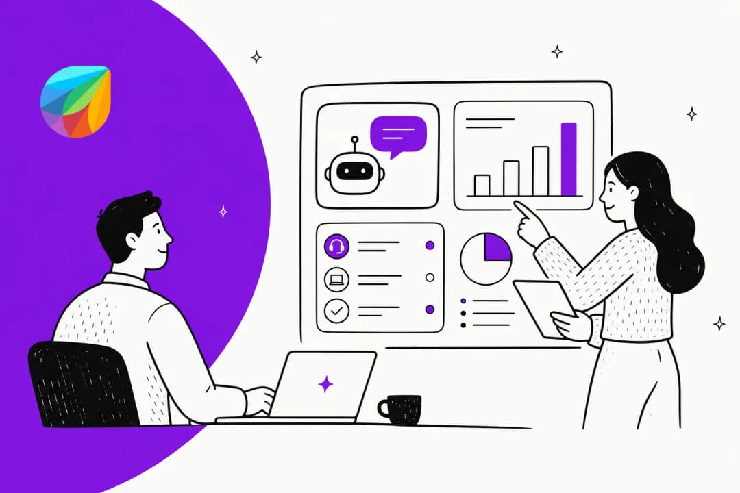 Illustration of AI handling support and IT tickets on a Freshservice-style service desk