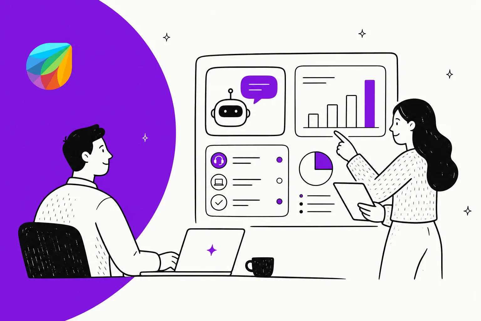 Illustration of AI handling support and IT tickets on a Freshservice-style service desk