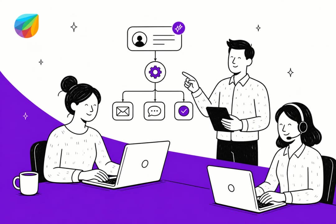 Illustration of a Freshdesk support team with an automated ticket routing workflow