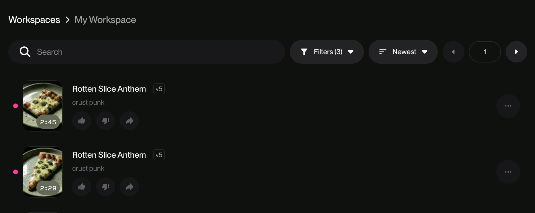 Suno workspace showing song library with v5 version tags