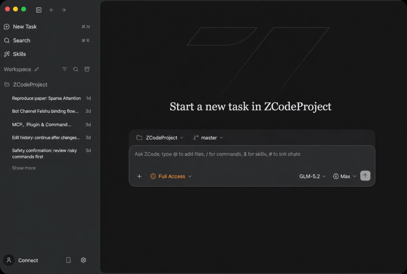 ZCode's desktop app showing the new-task screen, with the workspace sidebar, a Full Access badge, and the GLM-5.2 Max model selector, as taken from the ZCode docs