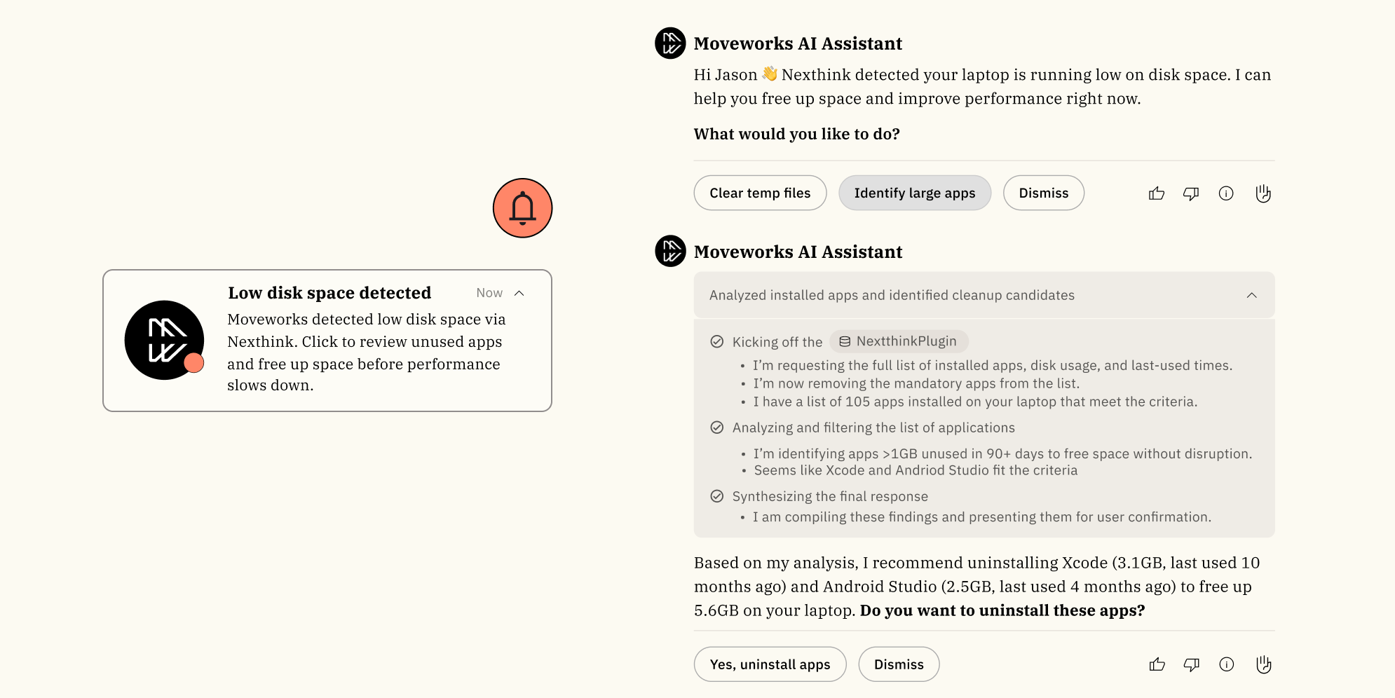 Moveworks proactive IT automation: AI detects low disk space via Nexthink, analyzes 105 installed apps, and recommends removing Xcode (3.1GB) and Android Studio (2.5GB) to free 5.6GB -- then waits for confirmation before acting, as taken from Moveworks