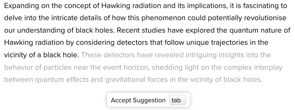 SciSpace AI Writer showing autocomplete for academic writing, as taken from SciSpace