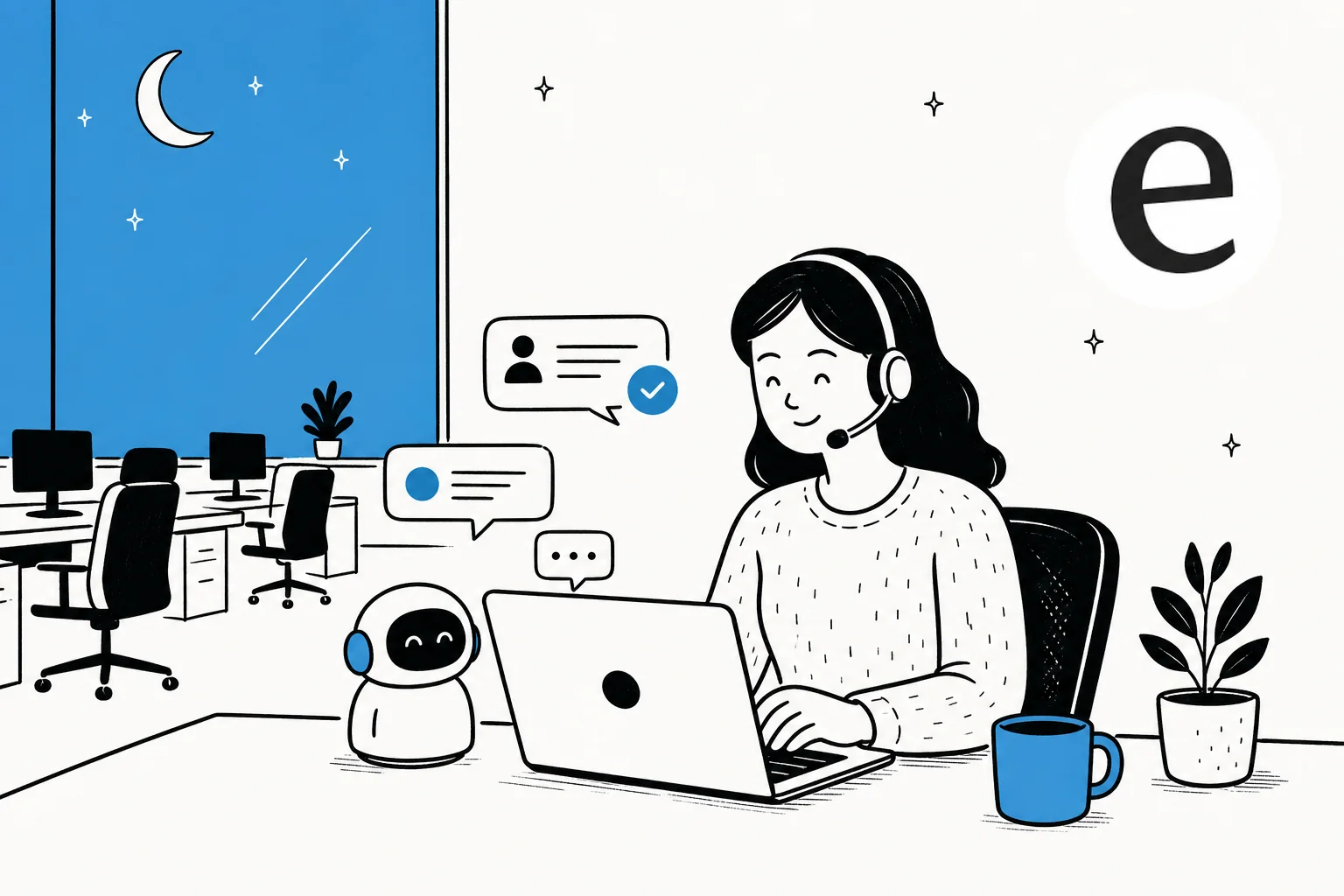 Night-time office scene with an AI support agent answering tickets while the desks are empty