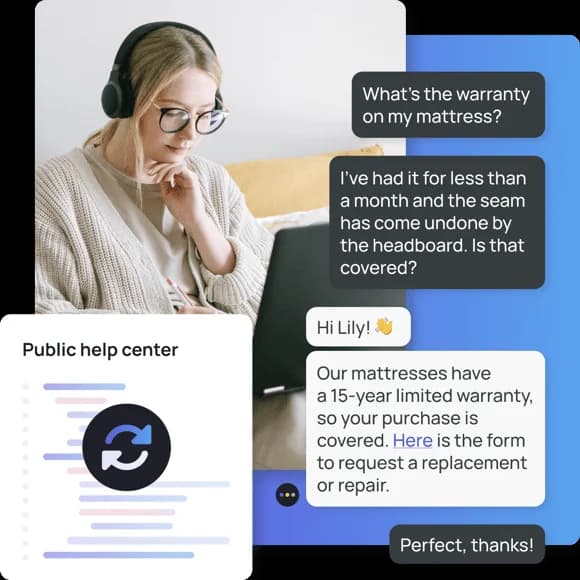 UltimateGPT answering a mattress warranty question, grounded in the customer's public help center content