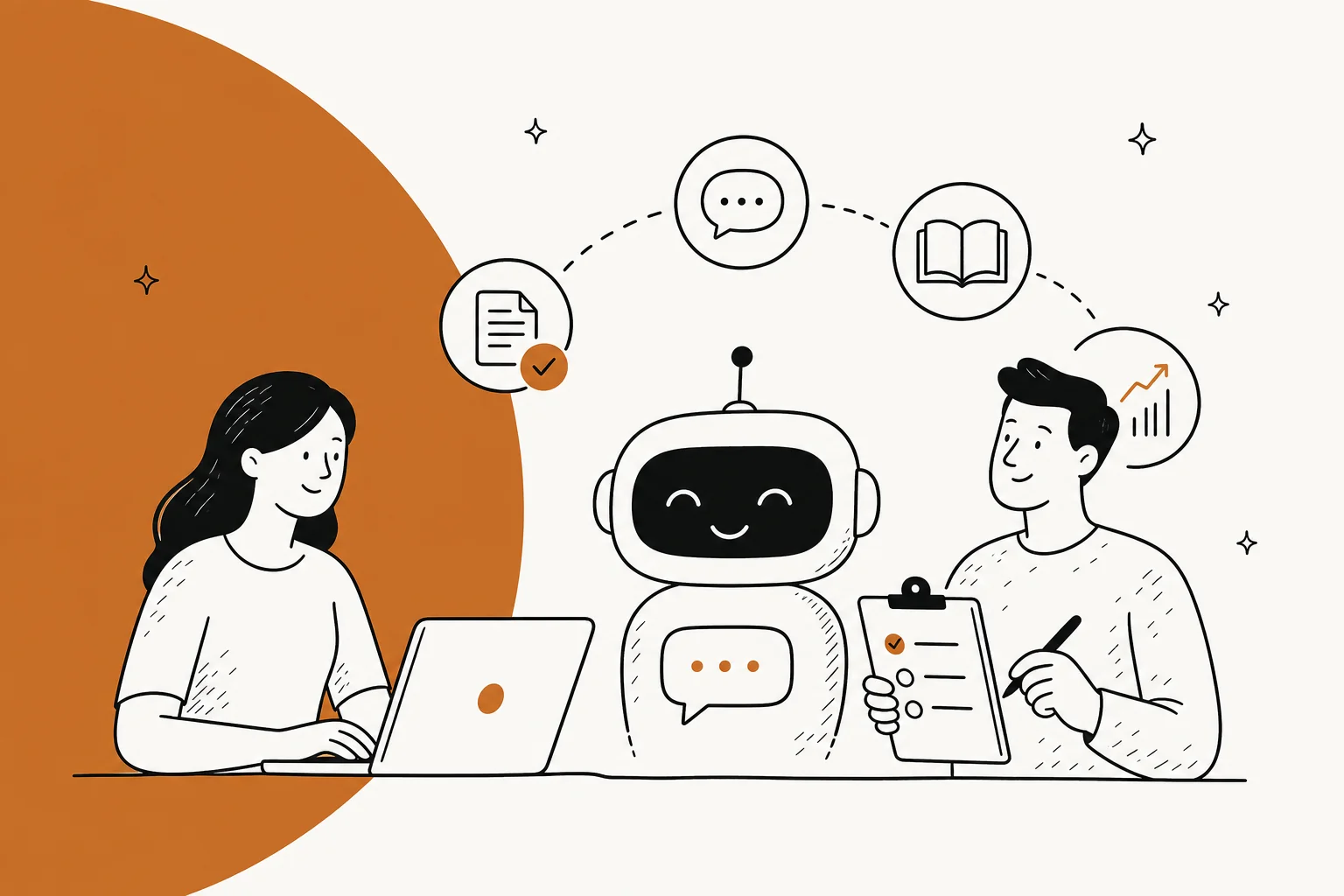 Illustrated hero graphic in warm amber tones representing the process of training an AI support bot