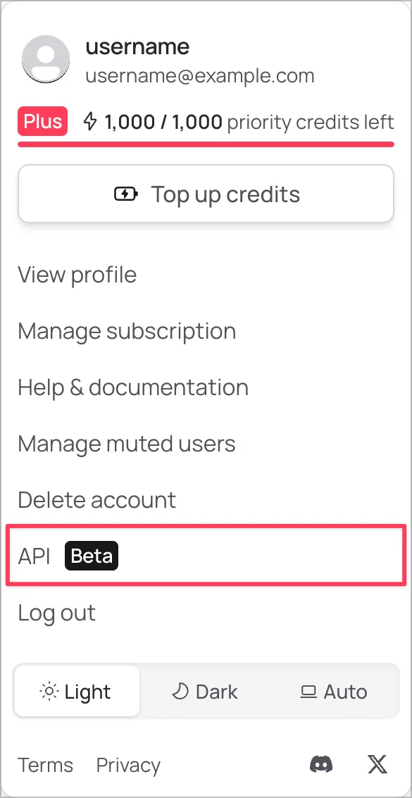 Plus plan in-app credit display showing 1,000 / 1,000 priority credits remaining with top-up option