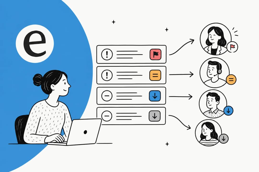 Illustration of an incoming support queue being automatically sorted by urgency and routed to the right teams