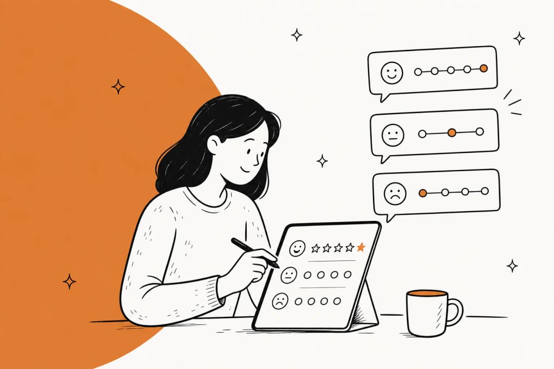 Illustrated hero banner for a guide on customer service survey examples, CSAT, NPS, and CES feedback forms