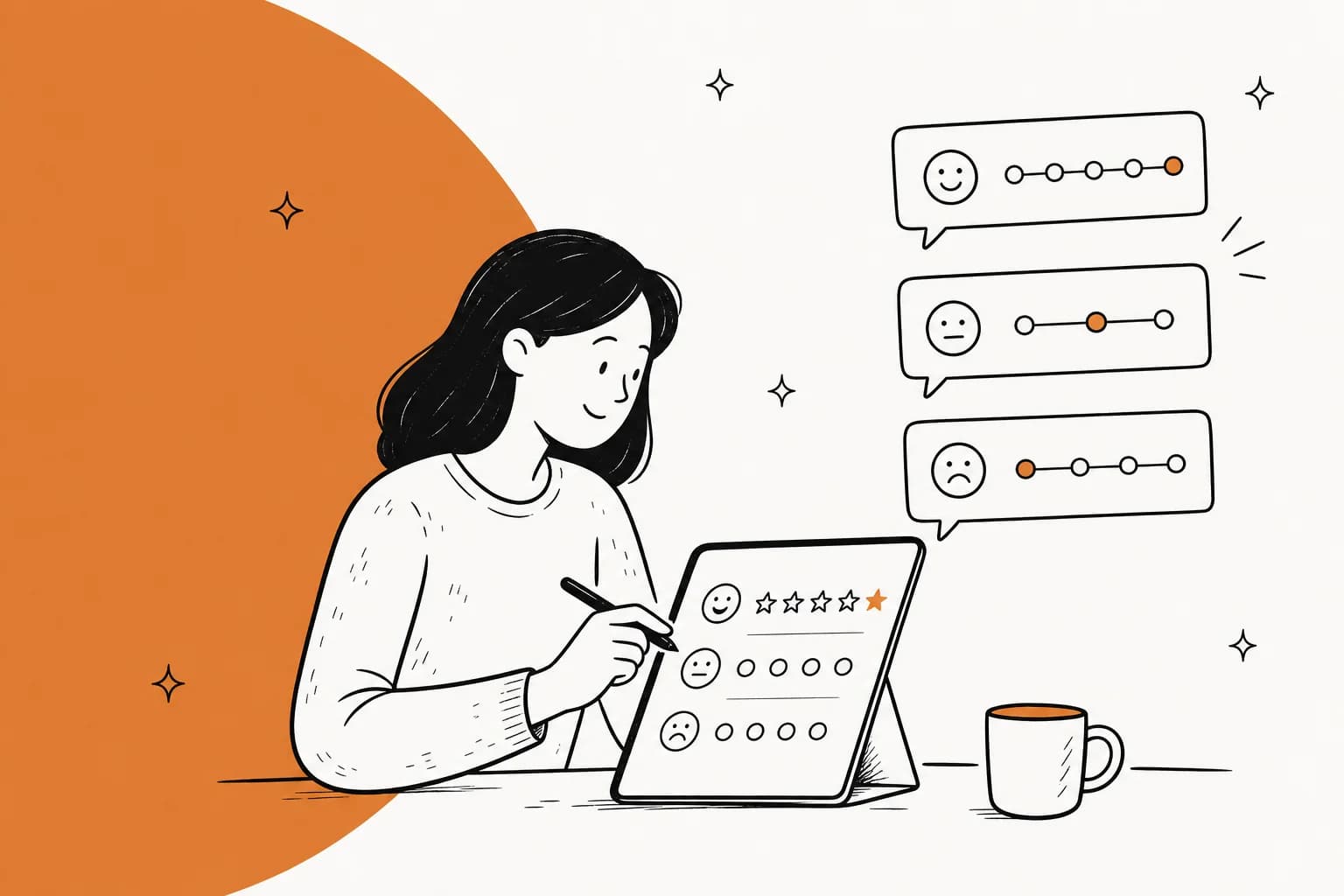 Illustrated hero banner for a guide on customer service survey examples, CSAT, NPS, and CES feedback forms
