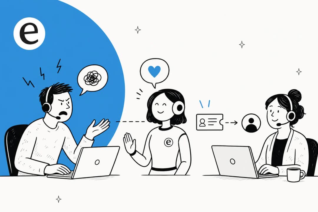 An angry customer being calmed by an AI assistant that then hands the ticket to a human agent