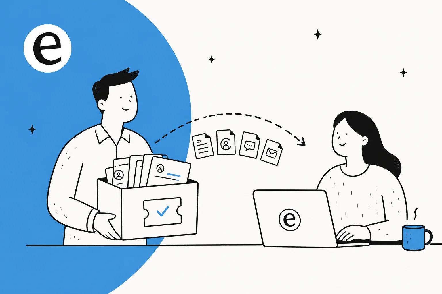 Illustration of support tickets moving safely from one helpdesk to another during a migration