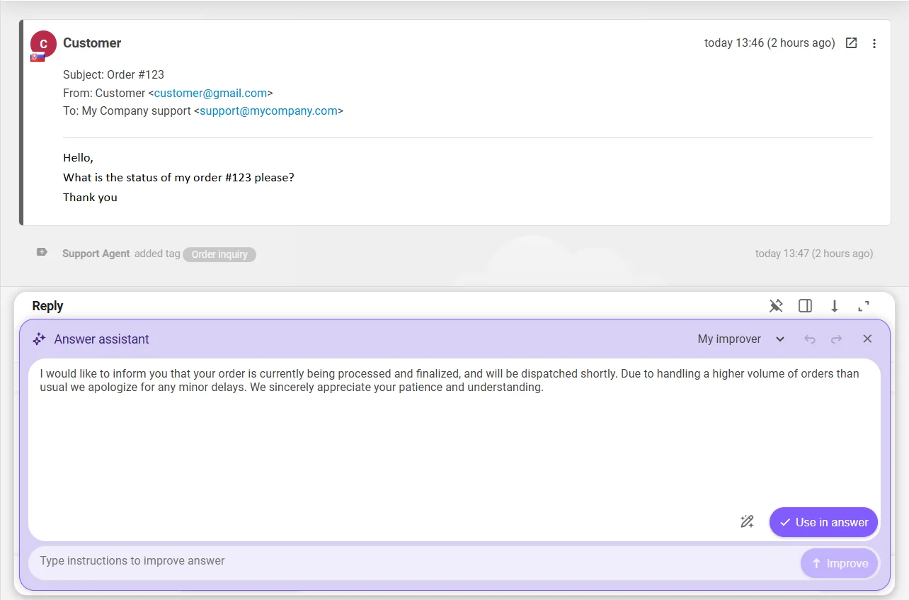 The Answer assistant generating and refining a reply inside the ticket, as taken from LiveAgent